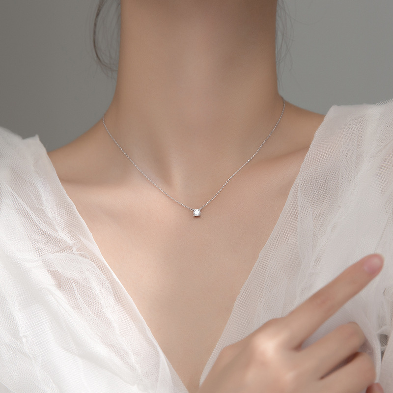 สร้อยคอสั้นเงินแท้ S925 รุ่น Naive สร้อยลายโซ่ จี้เพชรCZกลม 4mm สร้อยคอแฟชั่น Silver925