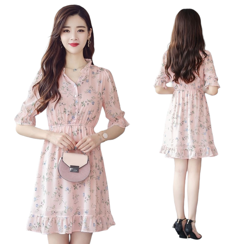 Dress4620 เดรสชีฟองลายดอกไม้สีชมพู กระดุมผ่าหน้าช่วงอก ทรงคอวีปกระบายเล็กๆ เอวยางยืด แขนสามส่วนระบาย