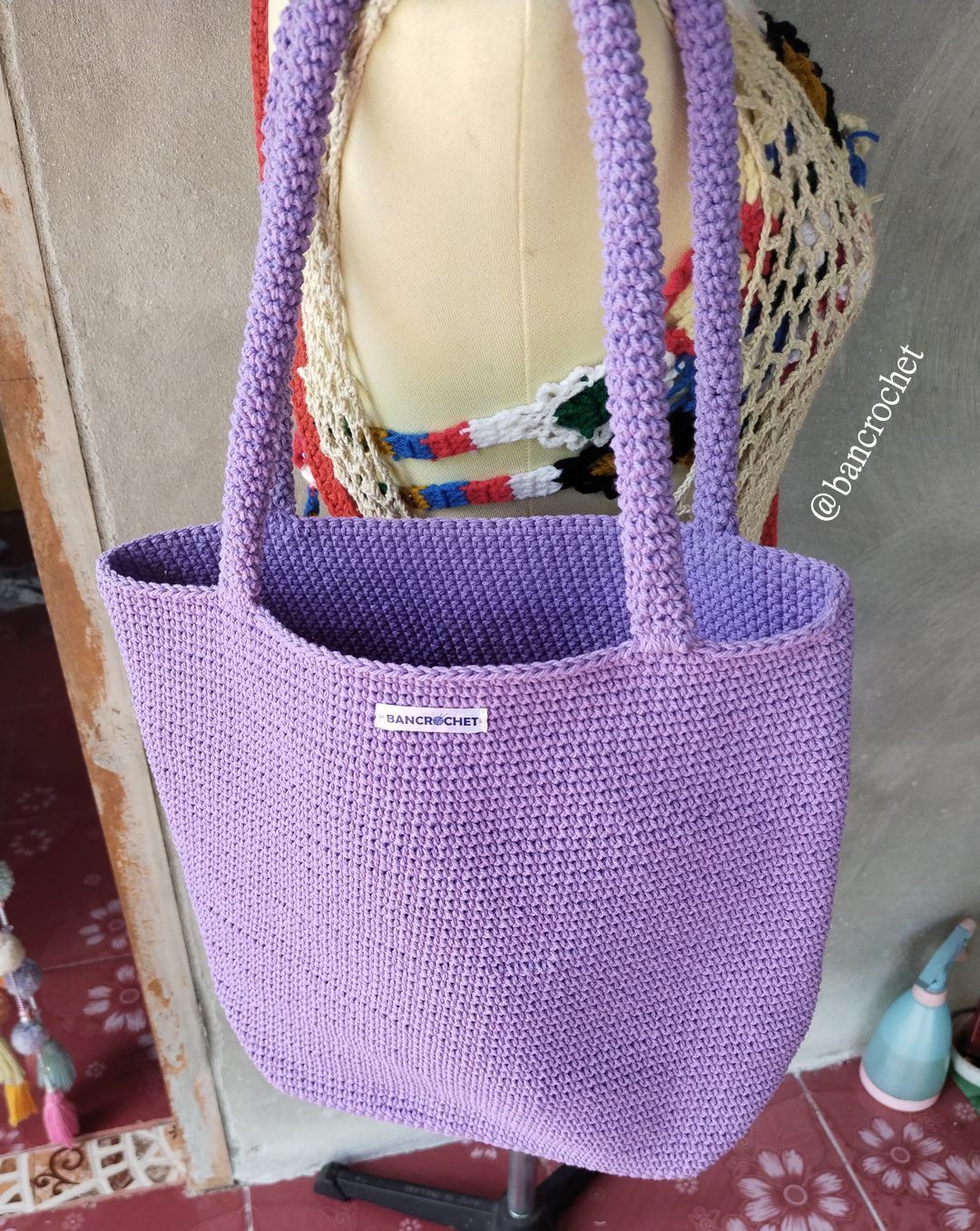 Bancrochet กระเป๋าถักโครเชต์ crochet bag ม่วง 29*30*9 สาย 22 cm