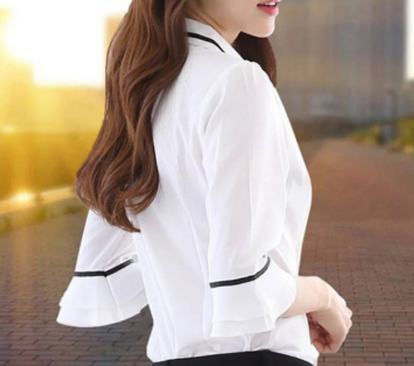 เสื้อเชิ้ต ใส่ทำงาน แฟชั่น เสื้อเชิ้ตผู้หญิง ดีไซน์ แขนเป็นระบาย เล็กน้อย เสื้อเชิ้ต สวย ๆ สีฟ้า สีเขียว สีขาว 662027