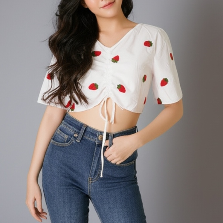 Blouse4032 เสื้องานปักลายผลไม้ แต่งเชือกรูดด้านหน้า ผ้าคอตตอนเนื้อดีนุ่มใส่สบาย งานน่ารักแมทช์กับอะไรก็เข้า