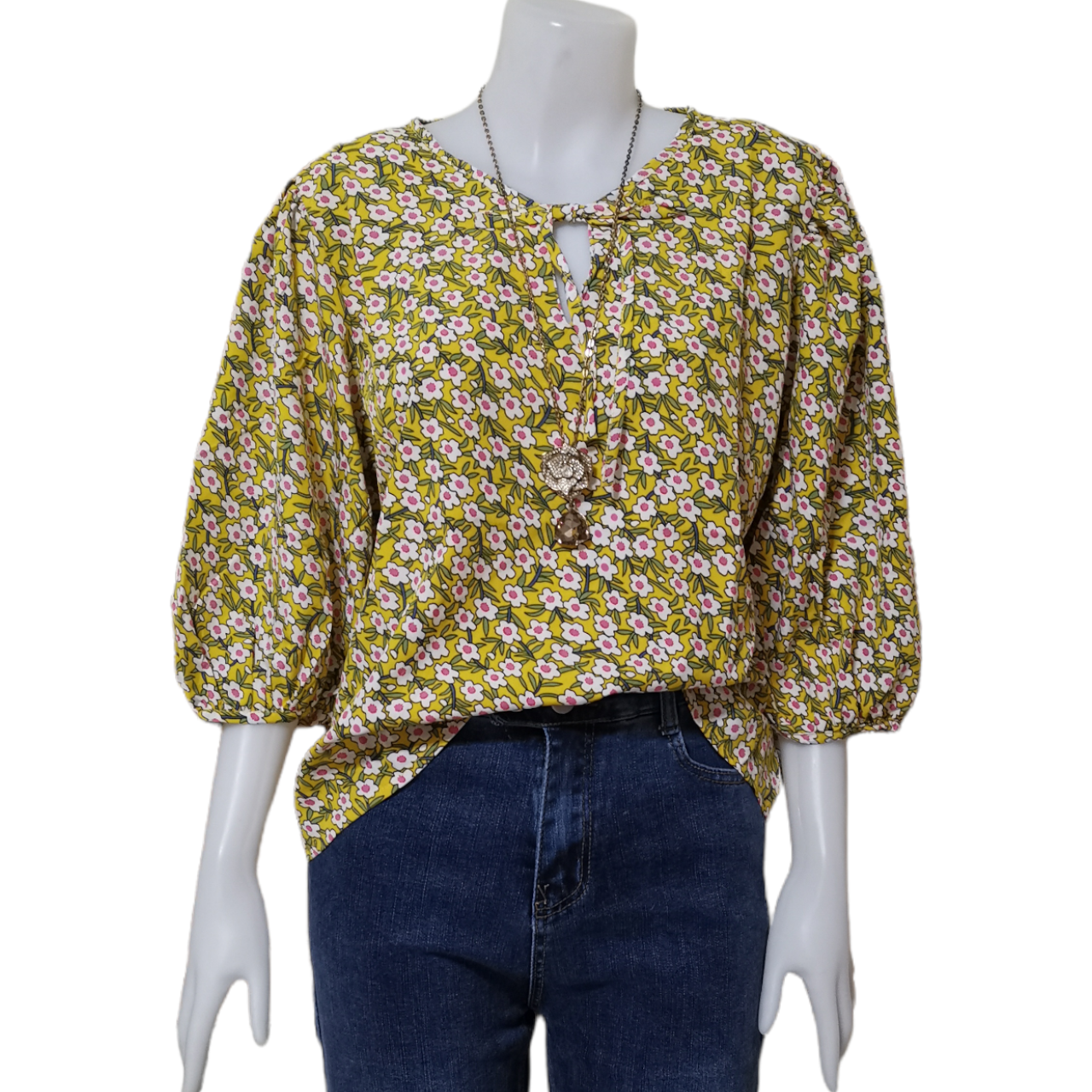 Blouse3992 เสื้อแฟชั่นไซส์ใหญ่คอโบว์ลายดอกไม้แขนพองสามส่วน ผ้าชีฟองเนื้อหนา ผ้านุ่มใส่สบาย งานสวยแมทช์กับอะไรก็เข้า มี 2 โทนสี เหลือง, กรม