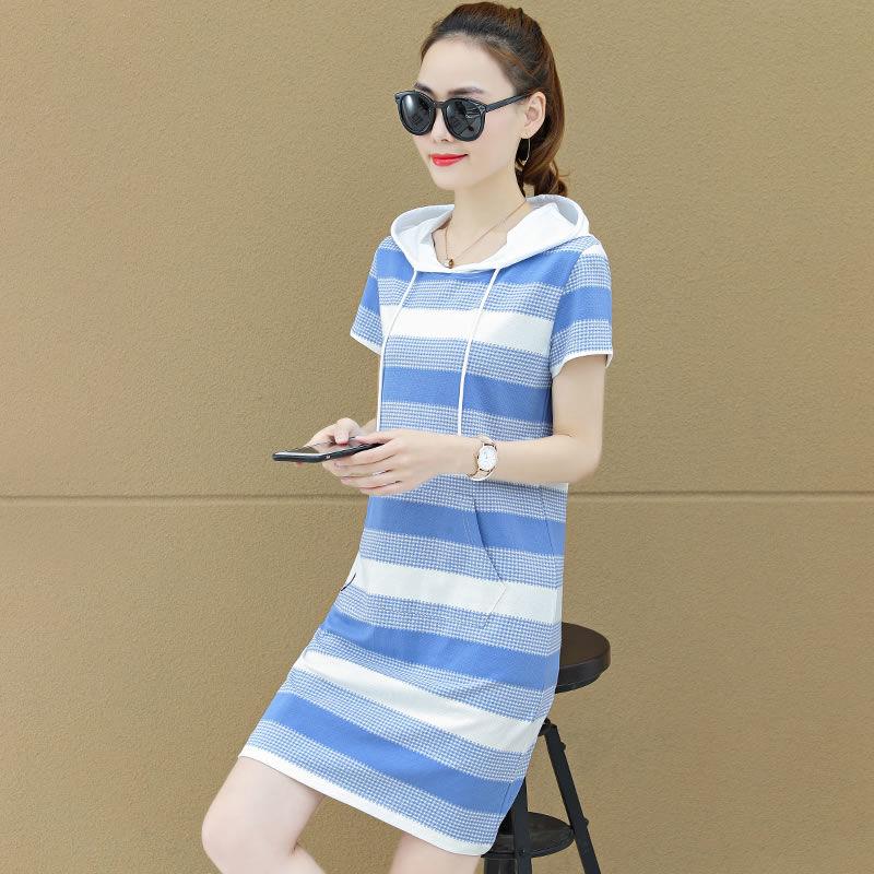Dress4702 เดรสฮู้ดไซส์ใหญ่สาวอวบลายทางโทนสีพาสเทลฟ้าขาว ผ้าคอตตอนสแปนเด็กซ์เนื้อดีมีน้ำหนักทิ้งตัวยืดหยุ่นสูง