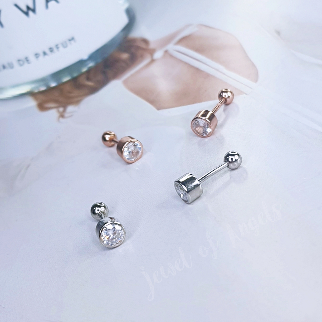 ต่างหูเงินแท้ S925 รุ่น Moon ต่างหูก้านเสียบ จิวกลม เพชรCZ แป้นหลังบอลกลม สีเงิน สีพิงค์โกลด์ ตุ้มหูมินิมอล