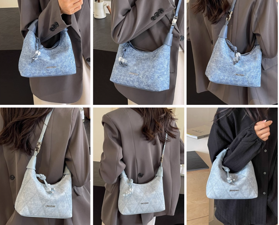 กระเป๋าสะพายข้าง ผู้หญิง ผ้ายีนส์ กระเป๋าสะพายใหญ่ สวย ๆ ผสมผสาน กับหนังแท้ อย่างลงตัว 217973