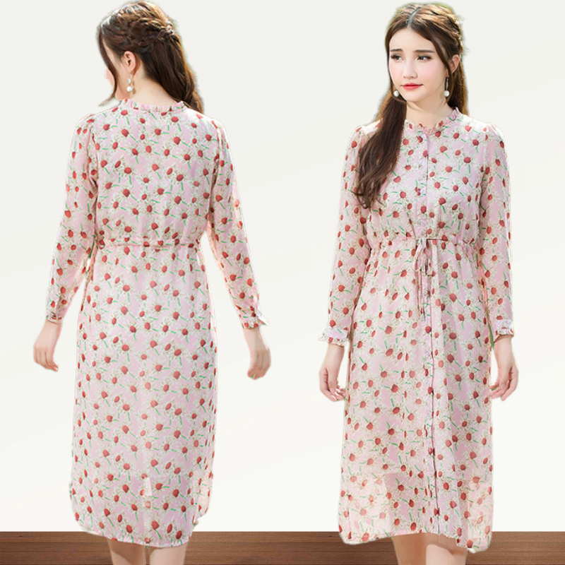 Dress4158 แม็กซี่เดรสยาวทรงสวยลายดอกทานตะวันพื้นสีชมพู คอระบาย กระดุมผ่าหน้า แขนยาวกระดุมข้อมือ มีเชือกผูกรูดเอวปรับได้ตามสัดส่วน มีซับในอย่างดีทั้งชุด ผ้าชีฟองเกรดพรีเมียม