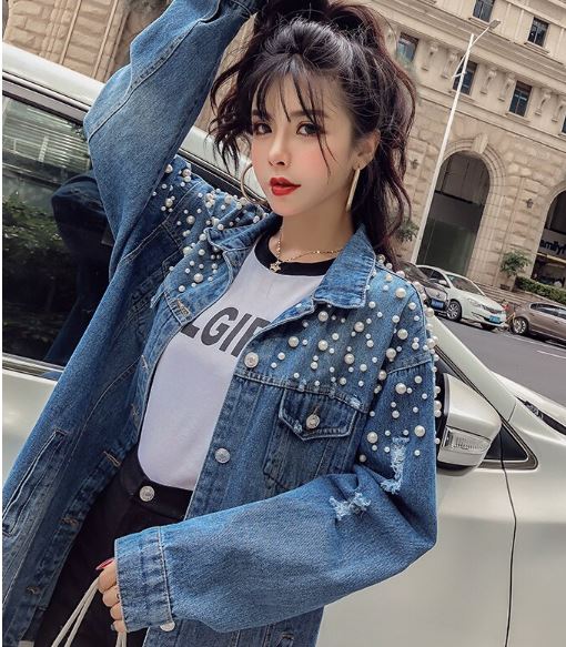 เสื้อแจ็คเก็ตยีนส์ เสื้อยีนส์แขนยาว ตัวยาว แบบ สาวเท่ jacket ยีนส์ แต่งมุก ด้านบน แฟชั่น เสื้อโค้ทยีนส์ ตัวยาว ใส่เที่ยว 605352