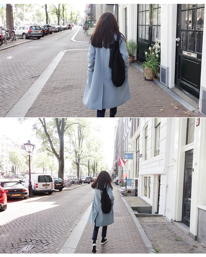 OverCoat เสื้อโค้ทกันหนาว สไตล์เกาหลี สีฟ้าอ่อน ตัวยาวแต่งกระดุมสองแถว บุซับในฟกันลม พร้อมส่ง สีฟ้าอ่อน L