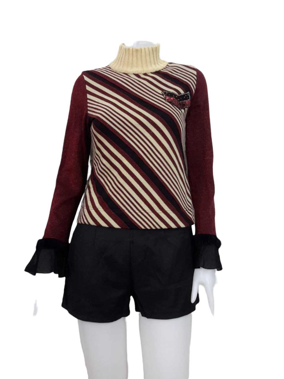 Blouse3528 2nd hand clothes เสื้อไหมพรม(เนื้อหนาปานกลาง) แขนยาว คอเต่า อกแต่งอาร์ม ลายริ้วโทนสีครีมเลือดหมู