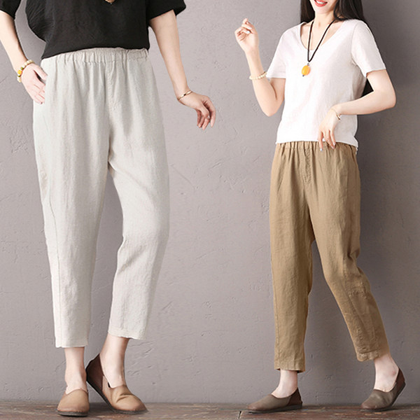 กางเกงผ้าลินิน กางเกงขายาว กางเกงผ้าลินินญี่ปุ่น กางเกงผ้าลินิน เอว ยางยืด By LZcotton and linen