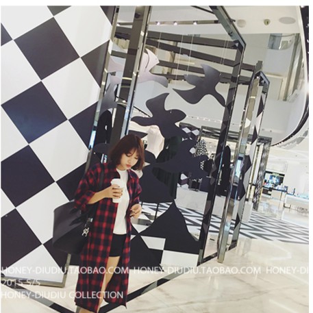 เสื้อคลุมลายสก๊อต ตัวยาว เกาหลีฝุดๆ พร้อมส่ง สีแดง