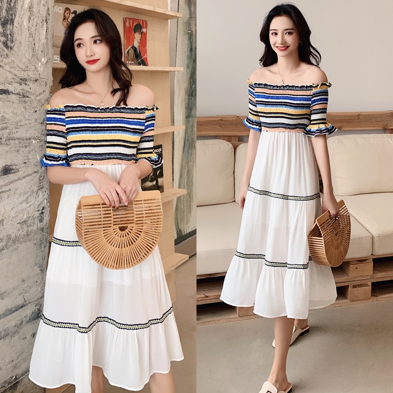 Dress4586 เดรสยาวเปิดไหล่สม็อครอบอกและเอว ช่วงบนผ้าคอตตอนลายริ้วโทนสีคัลเลอร์ฟูล ตัดต่อกระโปรงชีฟองเนื้อดีหนามีน้ำหนักสีขาวตกแต่งด้วยแถบเส้นลายกราฟฟิคดูมีดีเทล มีซับในอย่างดี งานเกรดพรีเมียมดูสวยแพง