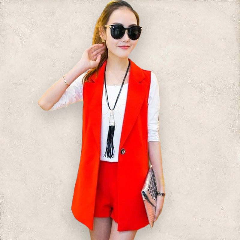 Set_bp1435 ชุดเซ็ท 3 ชิ้น เสื้อสูทแขนกุด+เสื้อยืดแขนยาว+กางเกงขาสั้น Set สามชิ้นเข้าชุด งานดี ใส่เก๋ๆ ได้บ่อย **พร้อมส่ง 2 สี น้ำเงิน, แดง