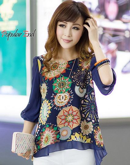 เสื้อแฟชั่น ผ้าชีฟอง ใส่หน้าร้อน ผ้าพริ้ว ใส่สบาย เพ้นท์ ลายด้านหน้า ด้านหลังจับจีบ เสื้อสีน้ำเงิน กรมท่า ช่วงแขน ดีไซน์ เป็นโบว์ น่ารัก ๆ 457595_1