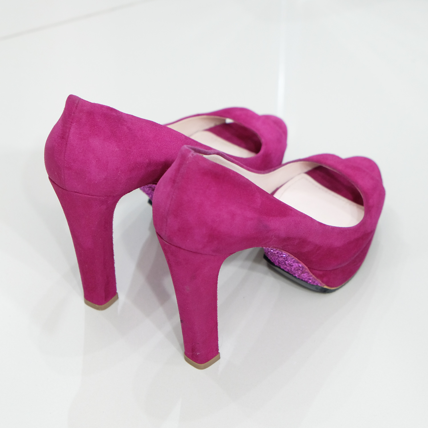 Miu Miu Fushia Pink Suede (Goat) Peep Toes Glitter Heel 5.5" Size 40