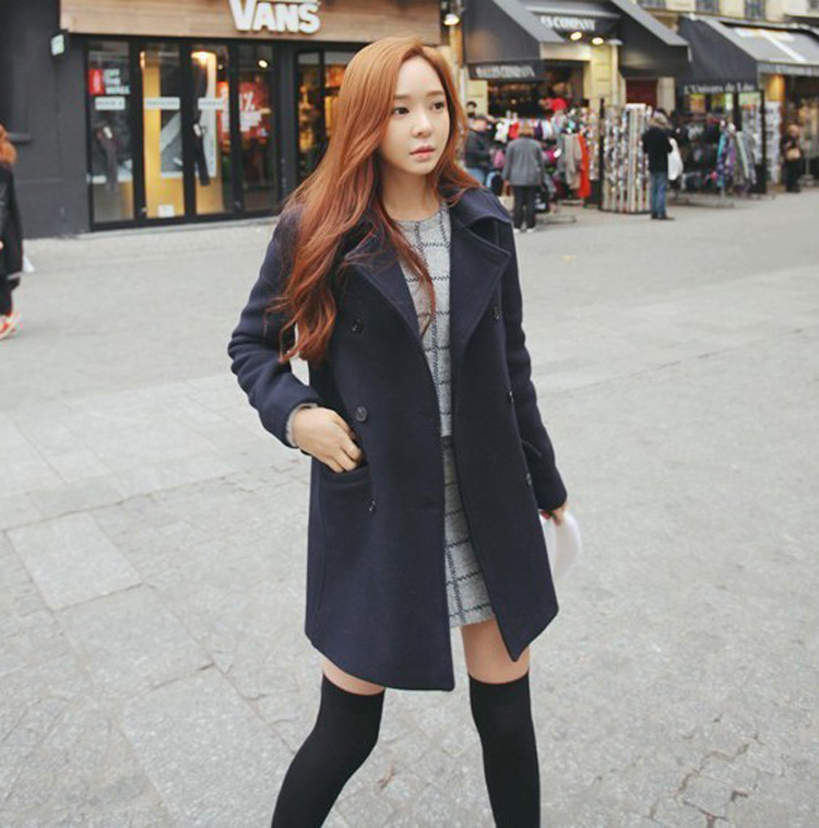 เสื้อโค้ทกันหนาว รุ่นกระดุม 2 แถว สไตล์เกาหลี ผ้าวูลผสม พร้อมส่ง DARK BLUE