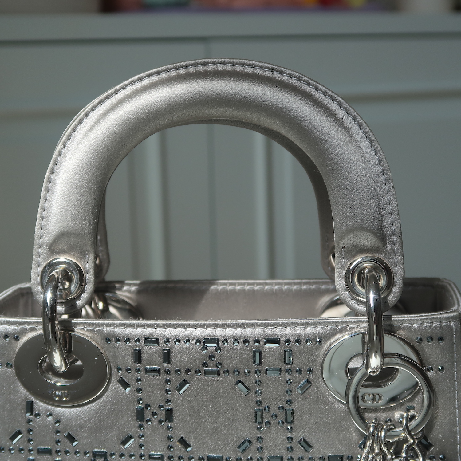 Christian Dior Grey Strass Cannage Satin Mini Lady Dior SHW