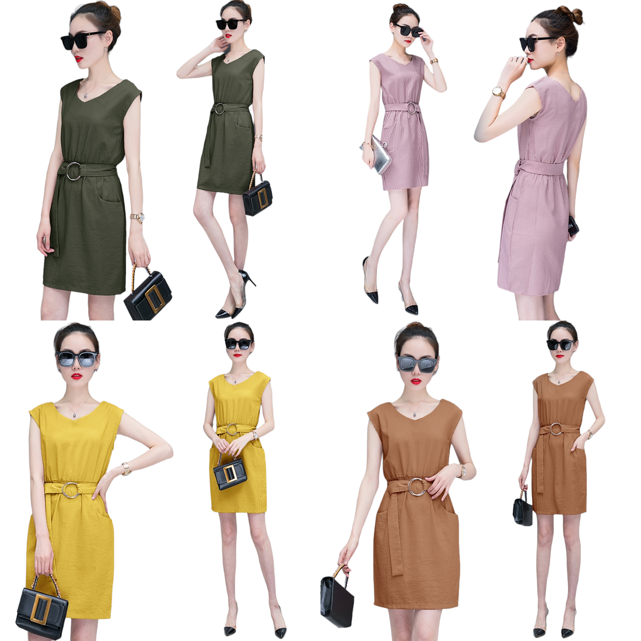Dress4512 เดรสคอวีทรงสวยแขนในตัว เอวสม็อคยางยืด เข็มขัดผ้าเข้าชุด มีกระเป๋าข้าง ผ้าโพลีเนื้อดีใส่สบาย งานสวยใส่ง่ายน่ารักมาก ใส่เที่ยว/ใส่ทำงานได้ มี 4 สี ชมพู, เขียว, น้ำตาล, เหลือง
