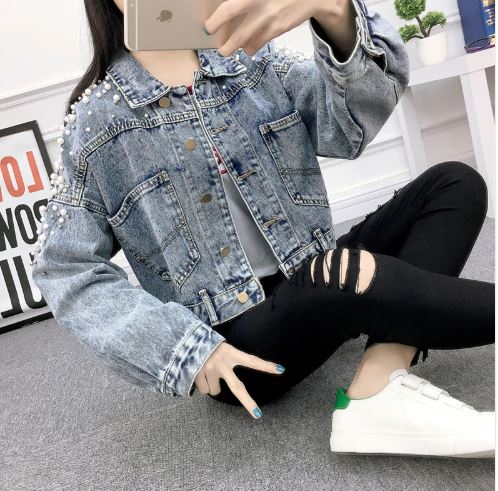 เสื้อแจ็คเก็ตยีนส์ แฟชั่น jacket ยีนส์ ใส่สวย ตกแต่งด้วย ไข่มุก หน้าหลัง เสื้อยีนส์แฟชั่น ดีไซน์ แขนยาว แบบเก๋ 350796