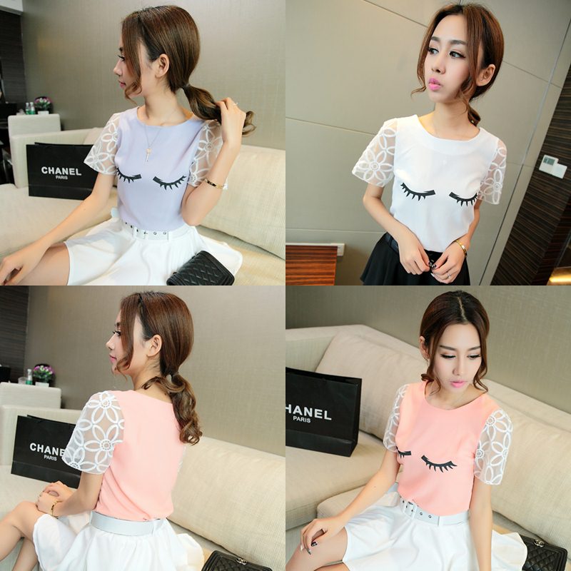 Blouse3689 เสื้อแฟชั่นผ้าชีฟองสีพื้นอกแต่งลายขนตา แขนผ้าแก้วปักลายลูกไม้ งานน่ารักเก๋ๆ ดูดีแมทช์ง่าย ใส่กับอะไรก็สวย