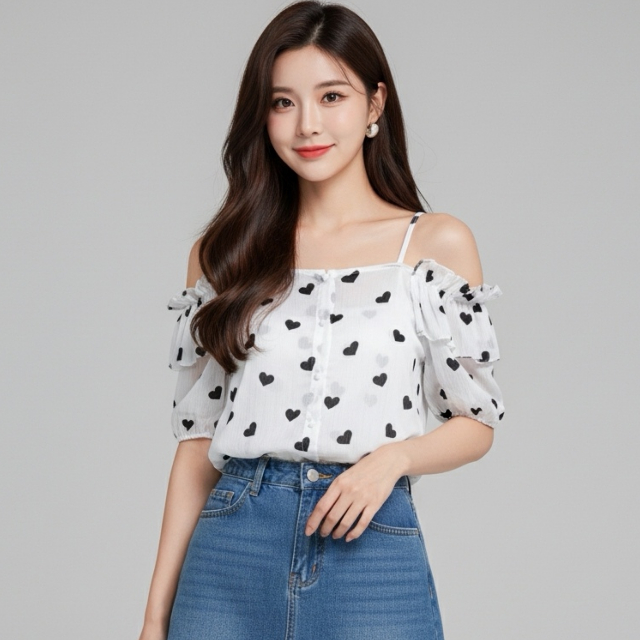 💕 Blouse3972 เสื้อเปิดไหล่สายเดี่ยวลายหัวใจ แต่งระบายสุดน่ารัก ผ้าชีฟองเนื้อดีใส่สบาย