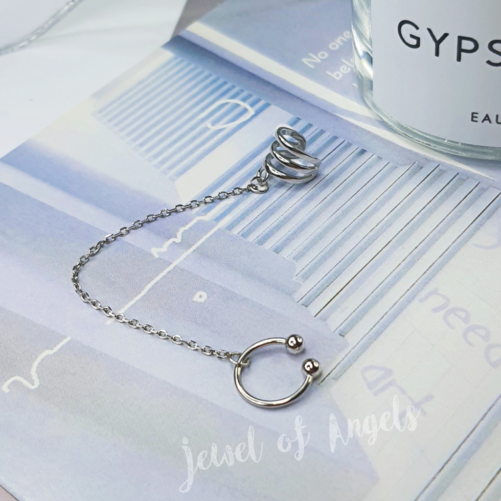 ต่างหูหนีบ Ear Cuff รุ่น Clound เงินแท้S925 ต่างหูคลิปหนีบห่วงและ3แฉก แต่งโซ่ สีเงิน Silver925
