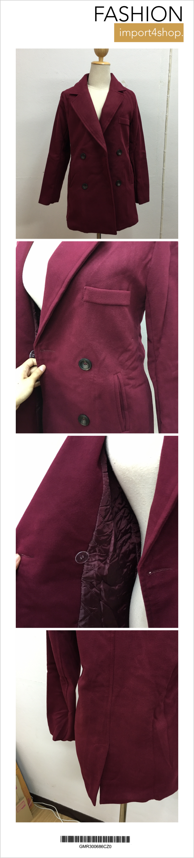 เสื้อโค้ทกันหนาว ทรงเรียบหรู มีสไตล์ ผ้าวูลเนื้อดีหนานุ่ม บุซับในกันลม สีแดงเลือดหมู พร้อมส่งจ้า สีแดงเลือดหมู