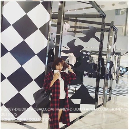 เสื้อคลุมลายสก๊อต ตัวยาว เกาหลีฝุดๆ พร้อมส่ง สีแดง