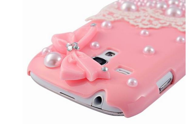 เคส Samsung Galaxy S3 mini S3mini i8190 8190 เคส Diy สีชมพู แต่งมุก ติด คริสตัล ผสม ลูกไม้ สีขาว ติดโบว์ สไตล์ คุณหนู 549861