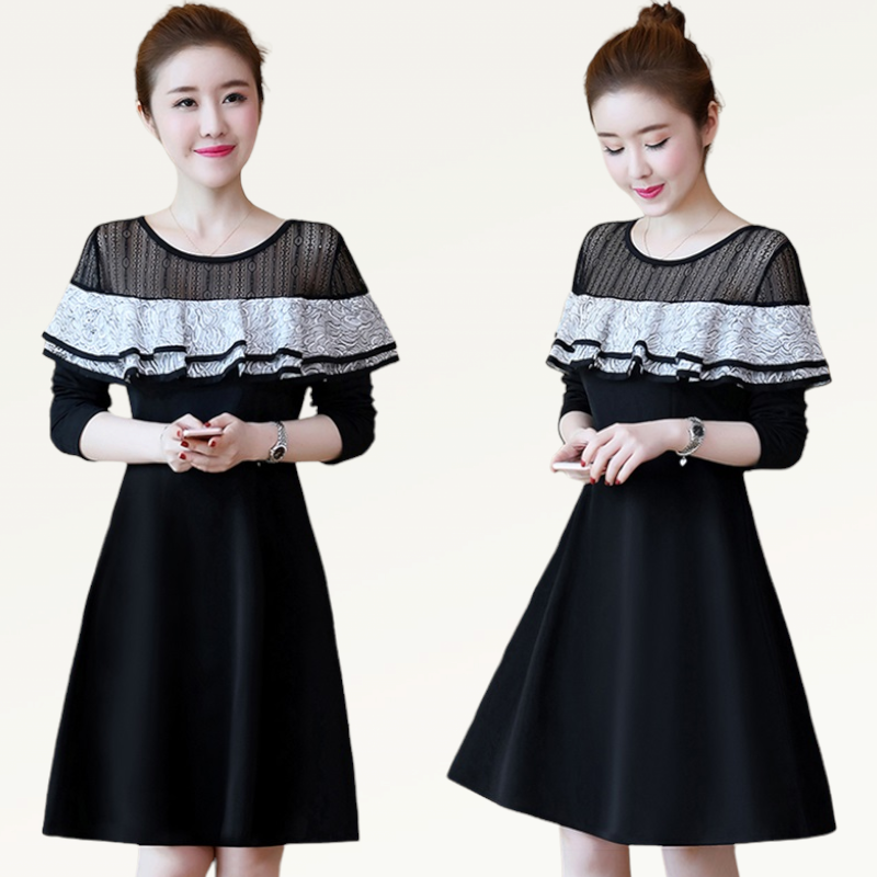 Dress4634 ชุดเดรสแขนยาวสีพื้นดำทรงสวยบ่าลูกไม้ แต่งระบายอกสีขาวตัดกับสีชุดดูมีดีเทล สาวอวบใส่ได้