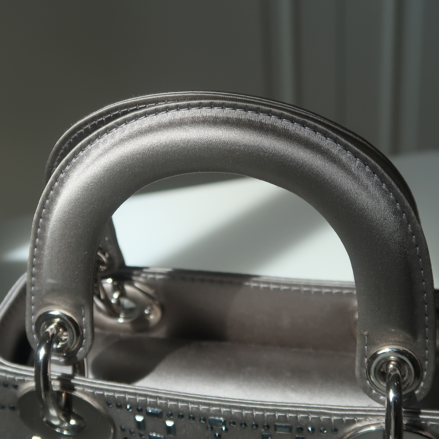 Christian Dior Grey Strass Cannage Satin Mini Lady Dior SHW