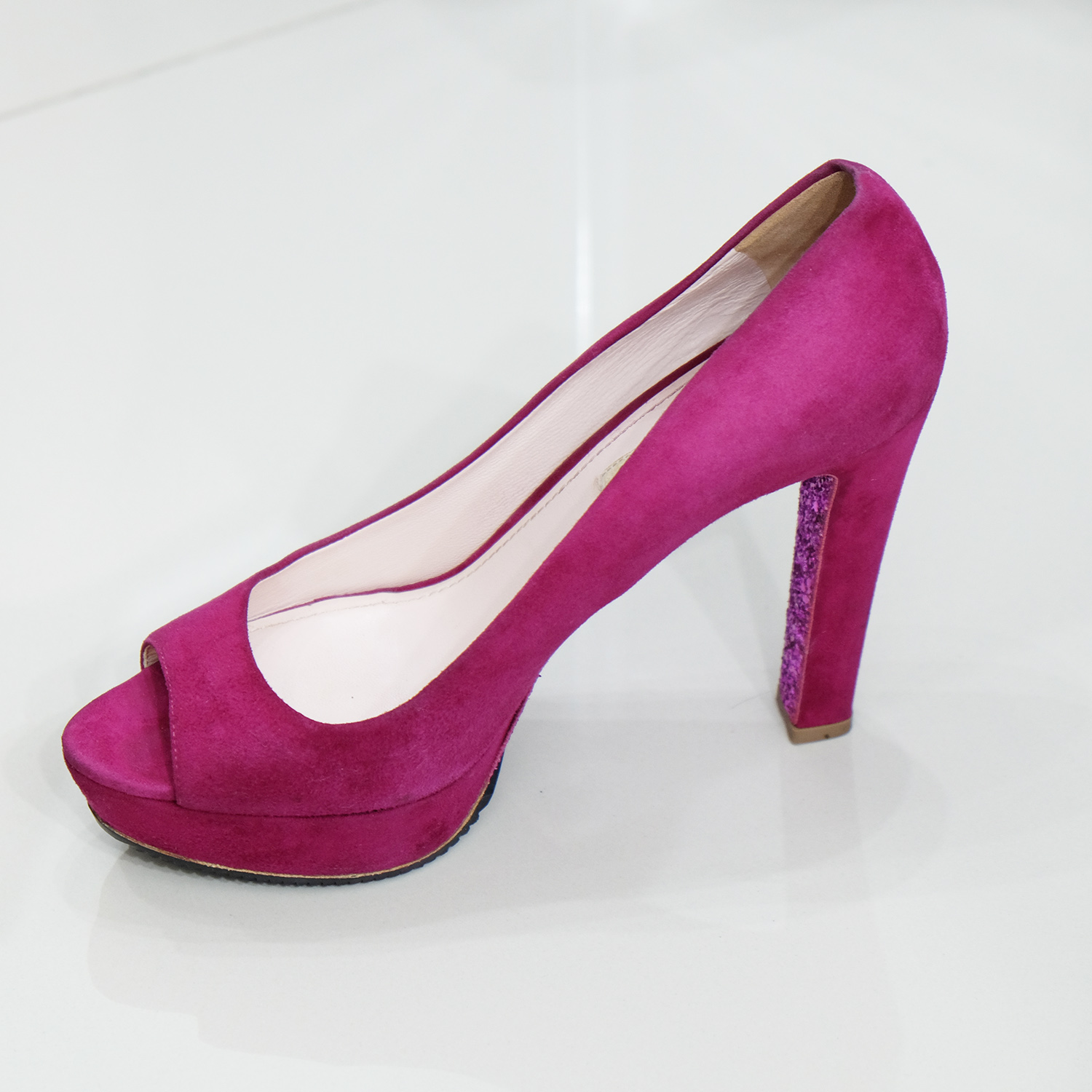 Miu Miu Fushia Pink Suede (Goat) Peep Toes Glitter Heel 5.5" Size 40
