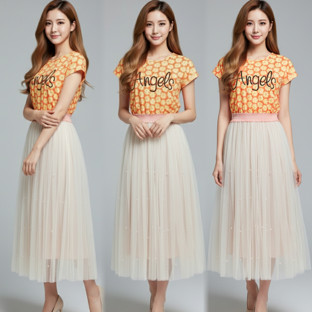 🌼 Dress3490 Maxi Dress แม็กซี่เดรสยาวลายดอกไม้ต่อกระโปรงยาวเอวสม็อค ผ้ามุ้งครีมแต่งมุก ดีไซน์เหมือนใส่ 2 ชิ้น ดีเทลที่ดูแพงแบบไม่เยอะเกินไป