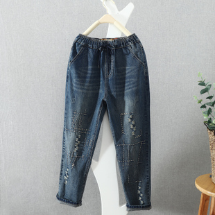 กางเกงยีนส์ปักลายด้าย สไตล์วินเทจ