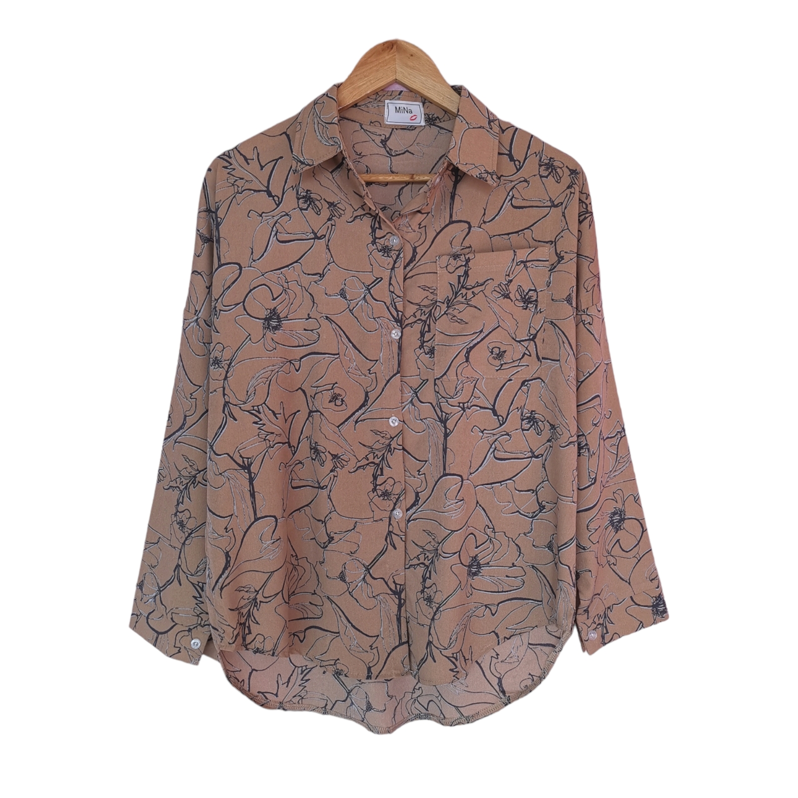 Blouse4074 เสื้อเชิ้ตแขนยาวสีน้ำตาลลายดอกไม้ กระดุมผ่าหน้า ผ้าชีฟองทึบแสงเนื้อนิ่มทิ้งตัว