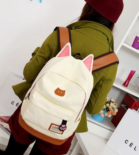 กระเป๋าสะพายหลัง กระเป๋าเป้ ผ้า canvas หรือ ผ้ายีนส์ กระเป๋าใส่หนังสือ ไปเรียนได้ แฟชั่น ญี่ปุ่น หูแมว น่ารักสุด ๆ สีเบจ ครีม no 4833060_1
