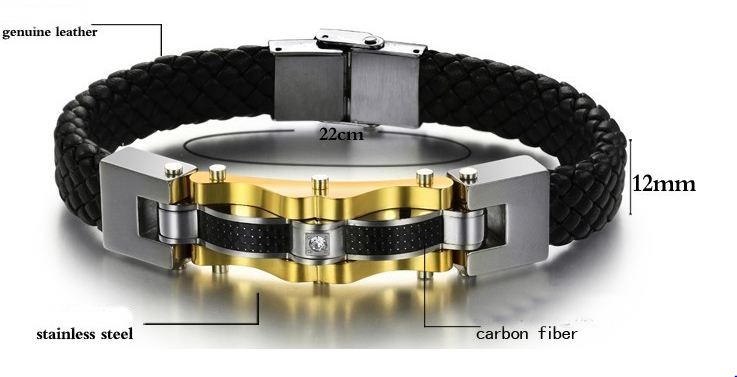 สร้อยข้อมือผู้ชาย กำไลข้อมือผู้ชาย สาย สแตนเลส ผสม หนังถัก สีดำ แต่งด้วย Stainless สีทอง ประดับเพชร CZ ตรงกลาง ของขวัญสุดหรู no 288238