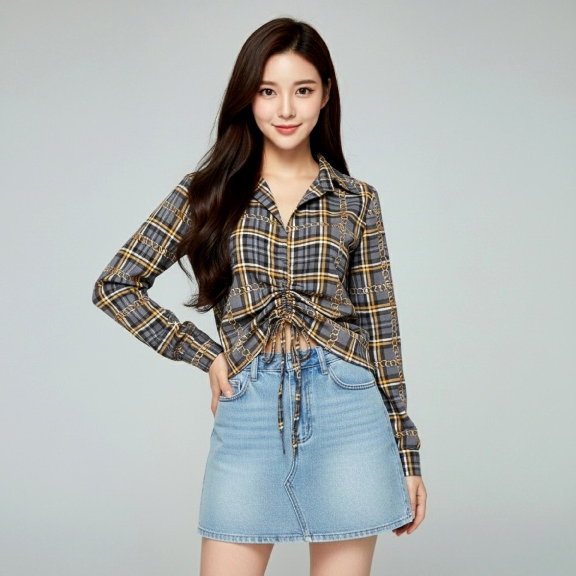 👚 Blouse3950-Grey เสื้อเชิ้ตแขนยาวลายสก็อตโทนสีเทาผ้าชีฟองเนื้อหนา ดีไซน์ผูกเชือกรูดหน้าเก๋ ทรงดูดีสไตล์พรีเมียม ใส่ง่ายได้ทุกโอกาส