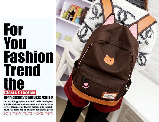 กระเป๋าสะพายหลัง กระเป๋าเป้ ผ้า canvas หรือ ผ้ายีนส์ กระเป๋าใส่หนังสือ ไปเรียนได้ แฟชั่น ญี่ปุ่น หูแมว น่ารักสุด ๆ สีน้ำตาล no 4833060_2