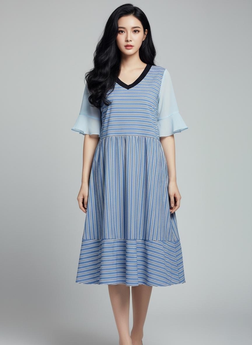💙 Dress4422 เดรสยาวลายริ้วโทนฟ้า แขนชีฟองระบาย ผ้าสลาฟใส่สบาย ไม่บาง ไม่ยับ ใส่เที่ยว-ทำงานได้ สไตล์เกาหลี