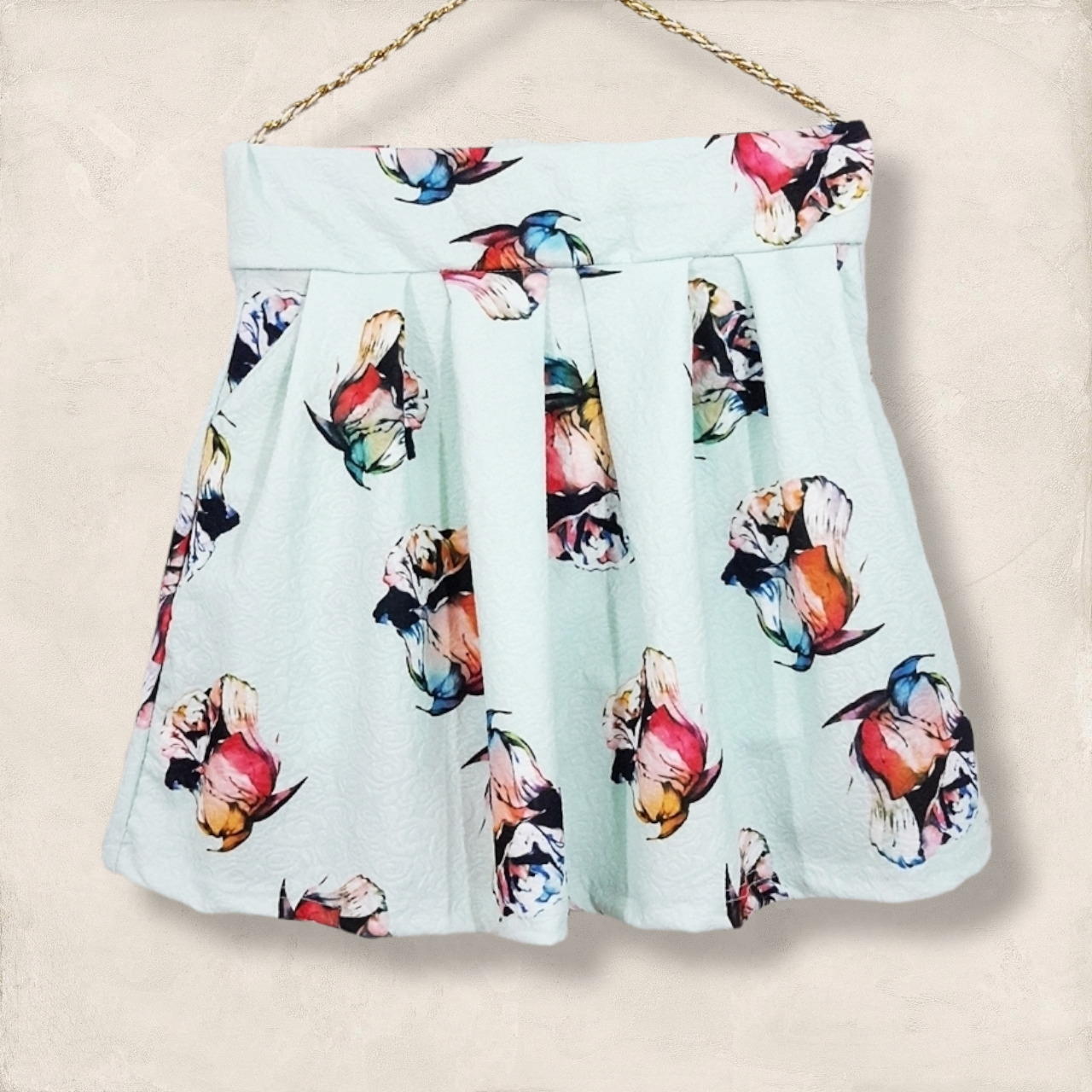Skirt292-ลายดอกเขียว กางเกงกระโปรง กระเป๋าข้าง ผ้าวูลเวฟ(ผ้าหนังไก่)เนื้อดีนุ่มใส่สบาย