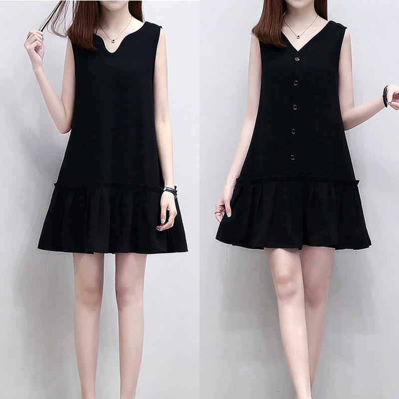 Dress4548 เดรสทรงปล่อยชายระบายสีพื้นดำ แต่งกระดุม ใส่ได้สองด้าน ผ้าโฟร์เวย์เนื้อดีนุ่มใส่สบายไม่ยับง่าย งานน่ารักดีเทลดีงาม ใส่เที่ยว/ใส่ทำงานได้