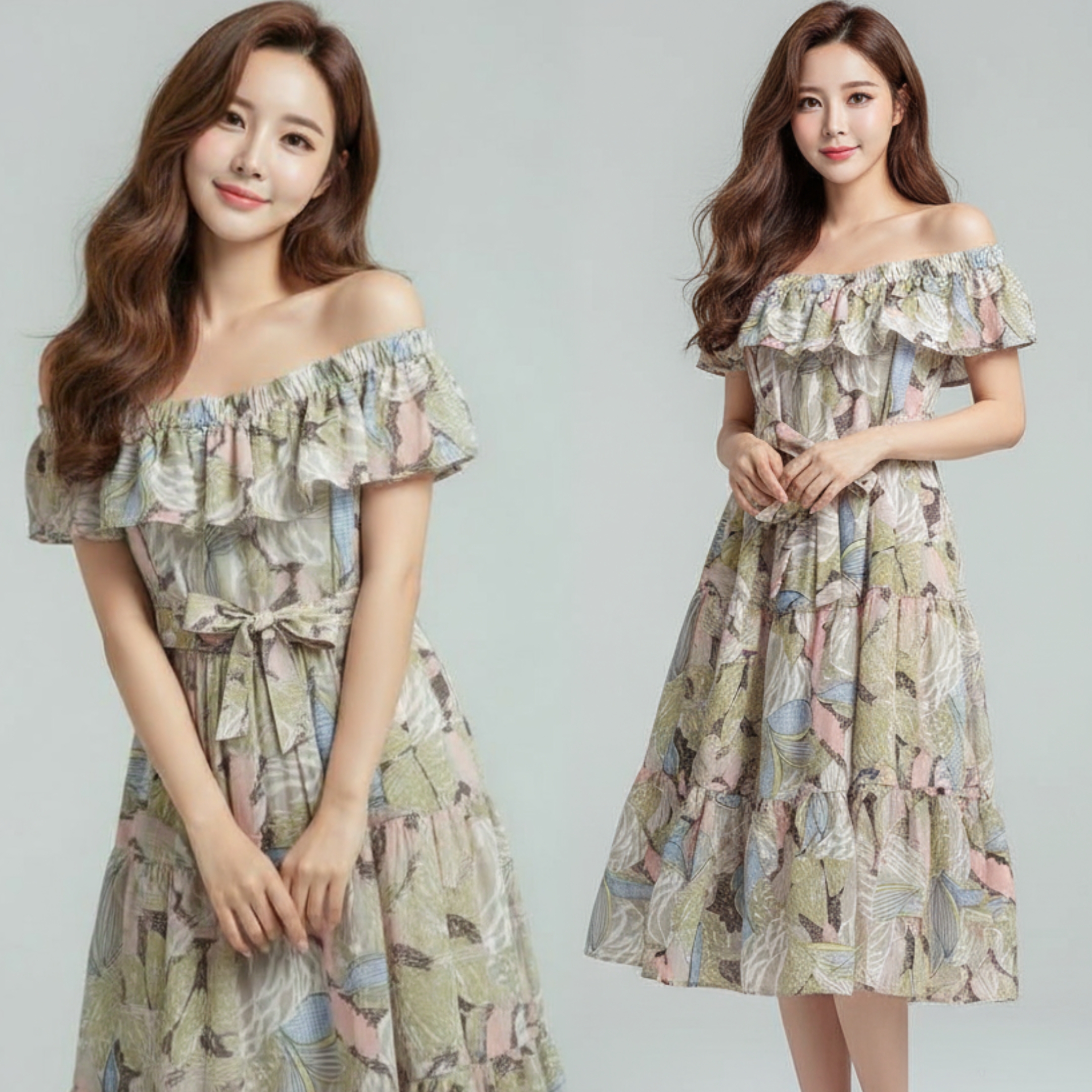 🌸✨ Dress4704 เดรสยาวเปิดไหล่ลายดอกไม้ ชีฟองพรีเมียม ทรงสวยคลาสสิคใส่ได้ทุกโอกาส