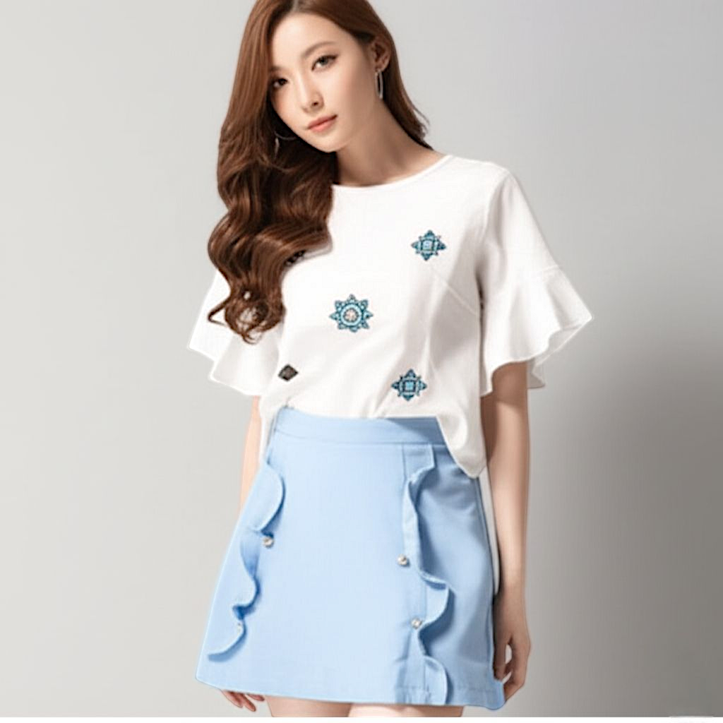 Set_bs1753 ชุดเซ็ท(เสื้อ+กระโปรง) เสื้อแฟชั่นสีขาวแขนระบายงานปักลายกราฟฟิคเก๋ๆ ผ้าสลาฟเนื้อดี กระโปรงสีฟ้าแต่งระบายซิปหลังมีซับในผ้าไมโครเนื้อดี งานเซ็ทเข้าชุดสุดน่ารัก แมทช์ได้ลงตัว แยกใส่กับตัวอื่นก็สวย