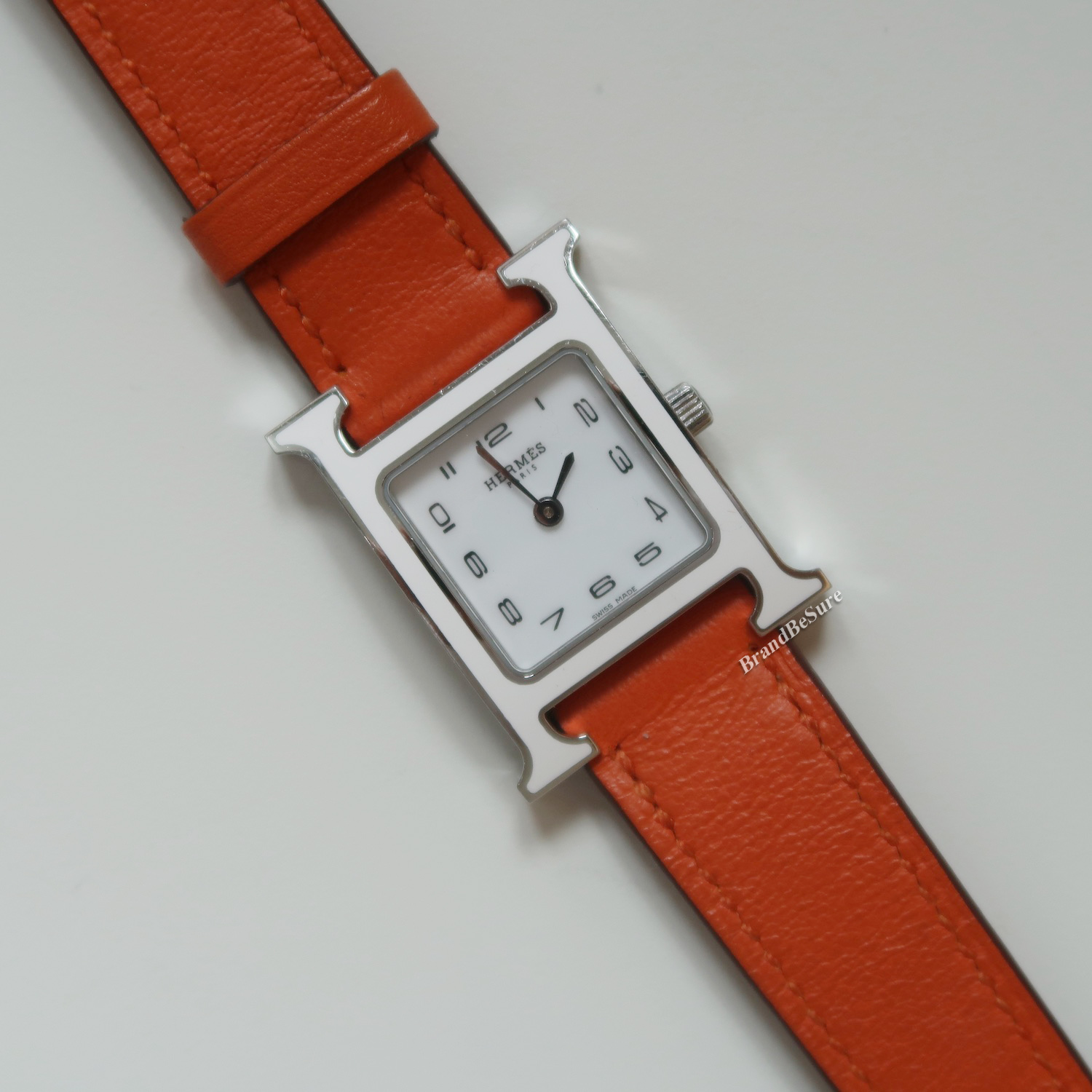 Hermes White Enamel Orange Swift H Hour PM Watch