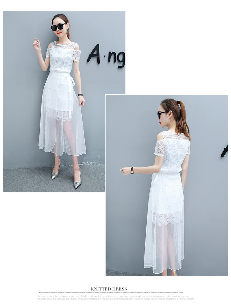 Dress4492 เดรสลูกไม้สีขาวเว้าไหล่+กระโปรงป้ายผ้ามุ้งผูกเอวแต่งหมุดเพิ่มความสวยงาม ผ้าลูกไม้ฉลุเนื้อดี ใส่ออกงานได้