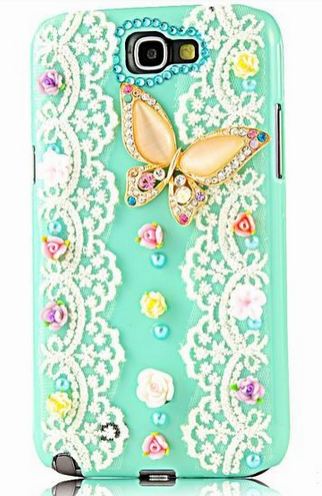 เคสโทรศัพท์ เคส Samsung Galaxy Note 2 N7100 เคส Diy งาน Hand made ติดคริสตัล ผีเสื้อ แสนสวย แต่งลูกไม้สีขาว หวาน ๆ 349444