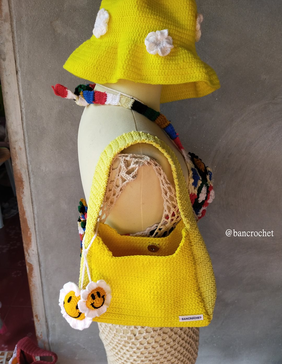 Bancrochet กระเป๋าถักโครเชต์ crochet bag เหลือง 8*5.5 สาย 7 inch