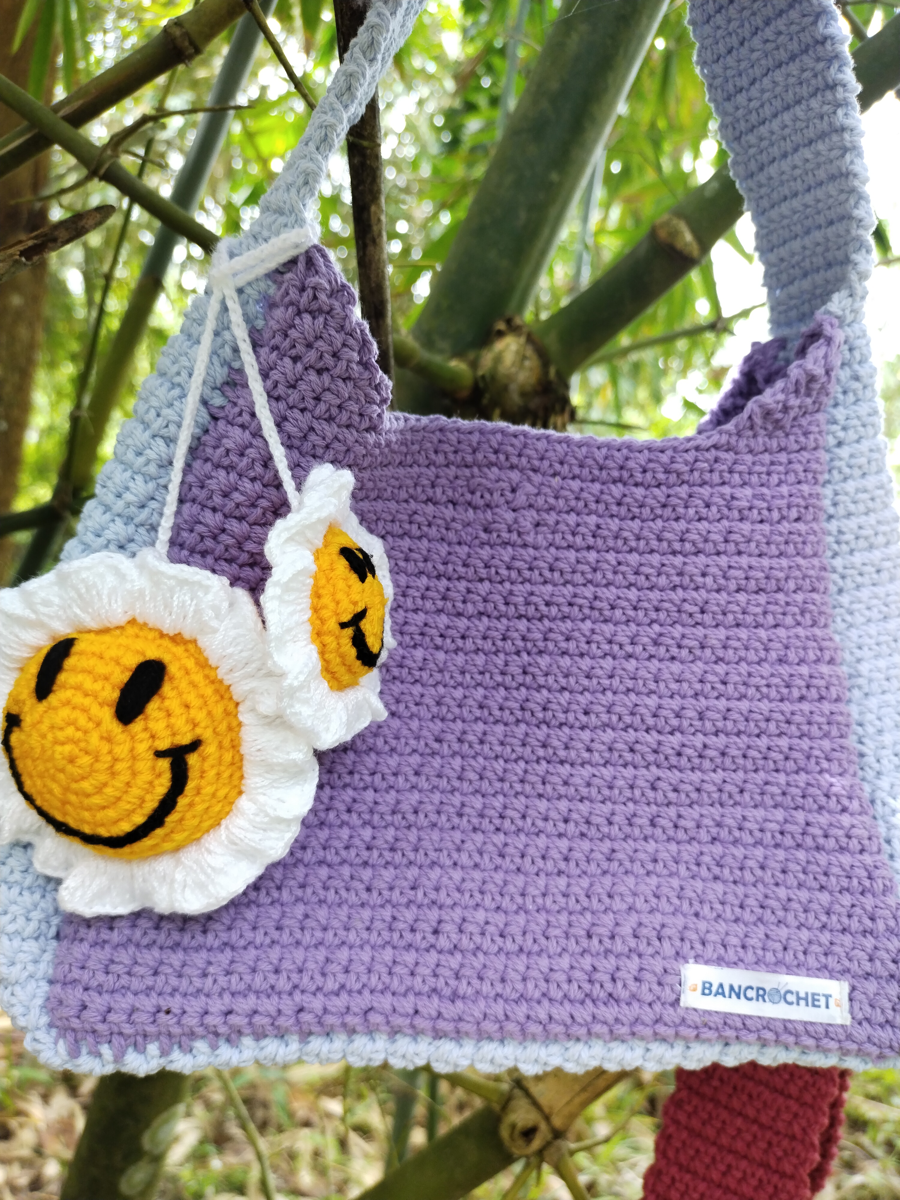 Bancrochet กระเป๋าถักโครเชต์ crochet bag ม่วง 8*5.5 สาย 7 inch