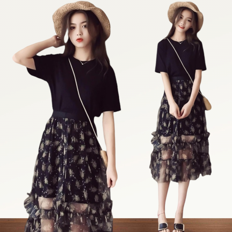 Dress4486 ชุด 2 ชิ้น เดรสยาวแขนสั้นสีดำ+กระโปรงยาวผ้ามุ้งชายระบายลายผีเสื้อสีดำ งานน่ารักใส่สวย แมทช์ได้ลงตัว